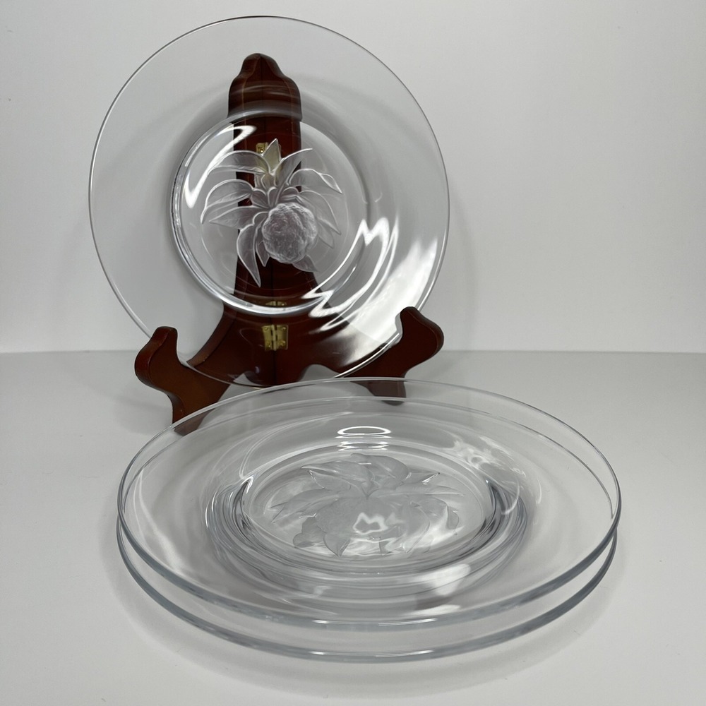 (3) Clear Glass w/ Reverse Frosted Etched Engraved Center Salad Plates 7-3/4"